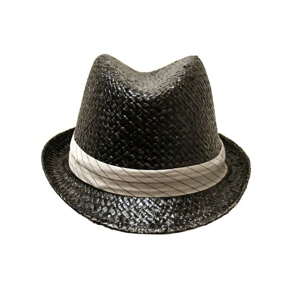 Black Woven Fedora Hat With Pinstriped Hat Band - Picture 2 of 9